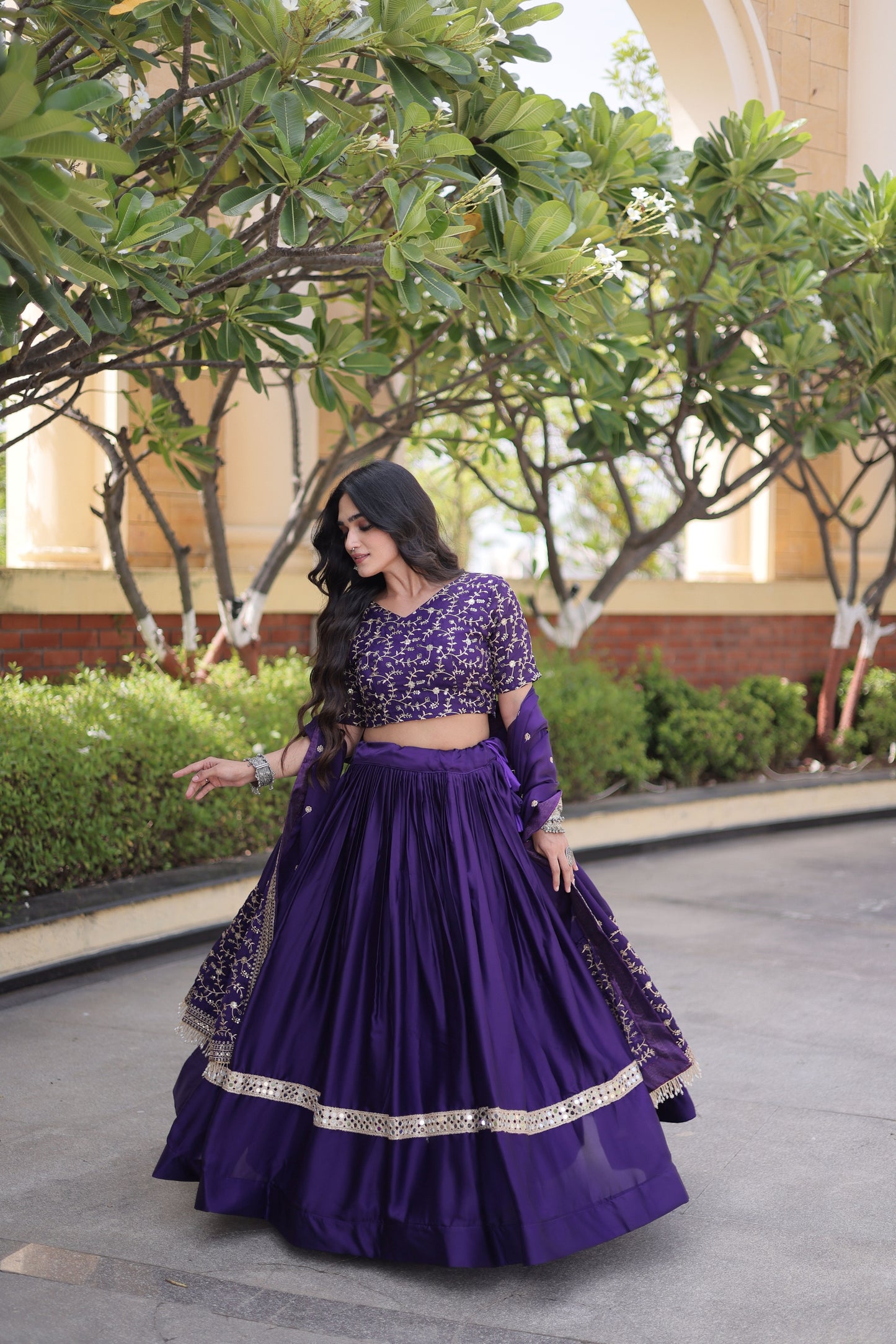 Stylish Purple Satin Designer Lehenga Choli Set with Embroidery Work and Dupatta
