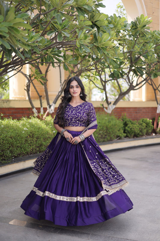 Stylish Purple Satin Designer Lehenga Choli Set with Embroidery Work and Dupatta