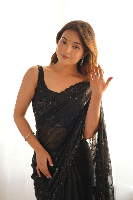 Elegant Black Shimmer Saree Embroidery Work for Women