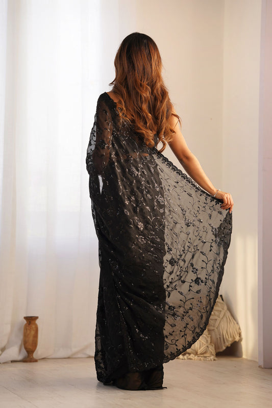Elegant Black Shimmer Saree Embroidery Work for Women