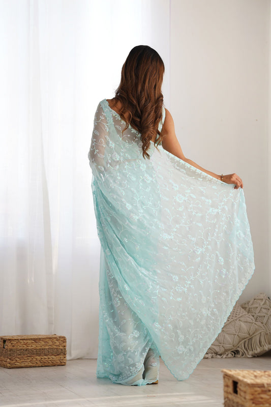Premium Sky Blue Shimmer Saree Embroidery Work for Women