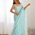 Premium Sky Blue Shimmer Saree Embroidery Work for Women