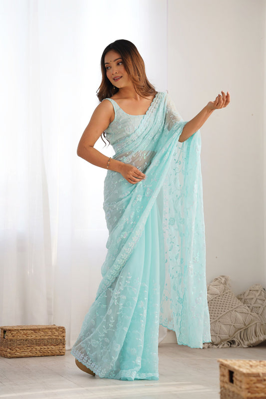 Premium Sky Blue Shimmer Saree Embroidery Work for Women