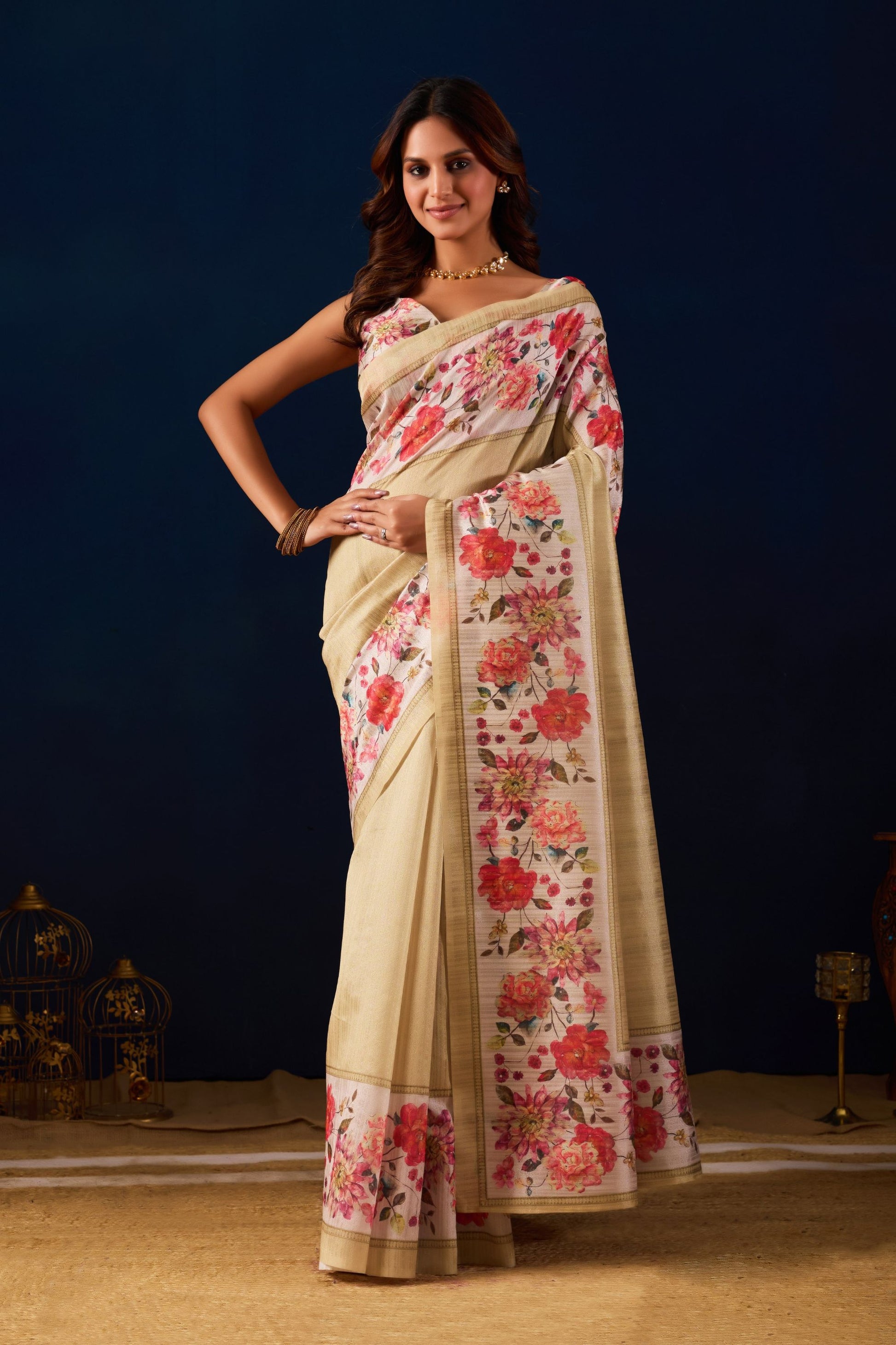 Elegant Cream Jute Silk Saree Designer Printed Work for Women
