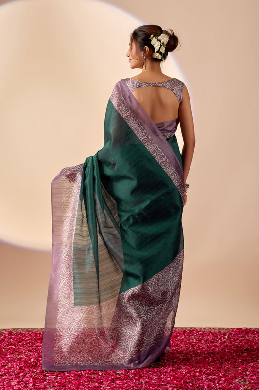 Stylish Bottle Green Jute Silk Saree Designer Printed Work for Women