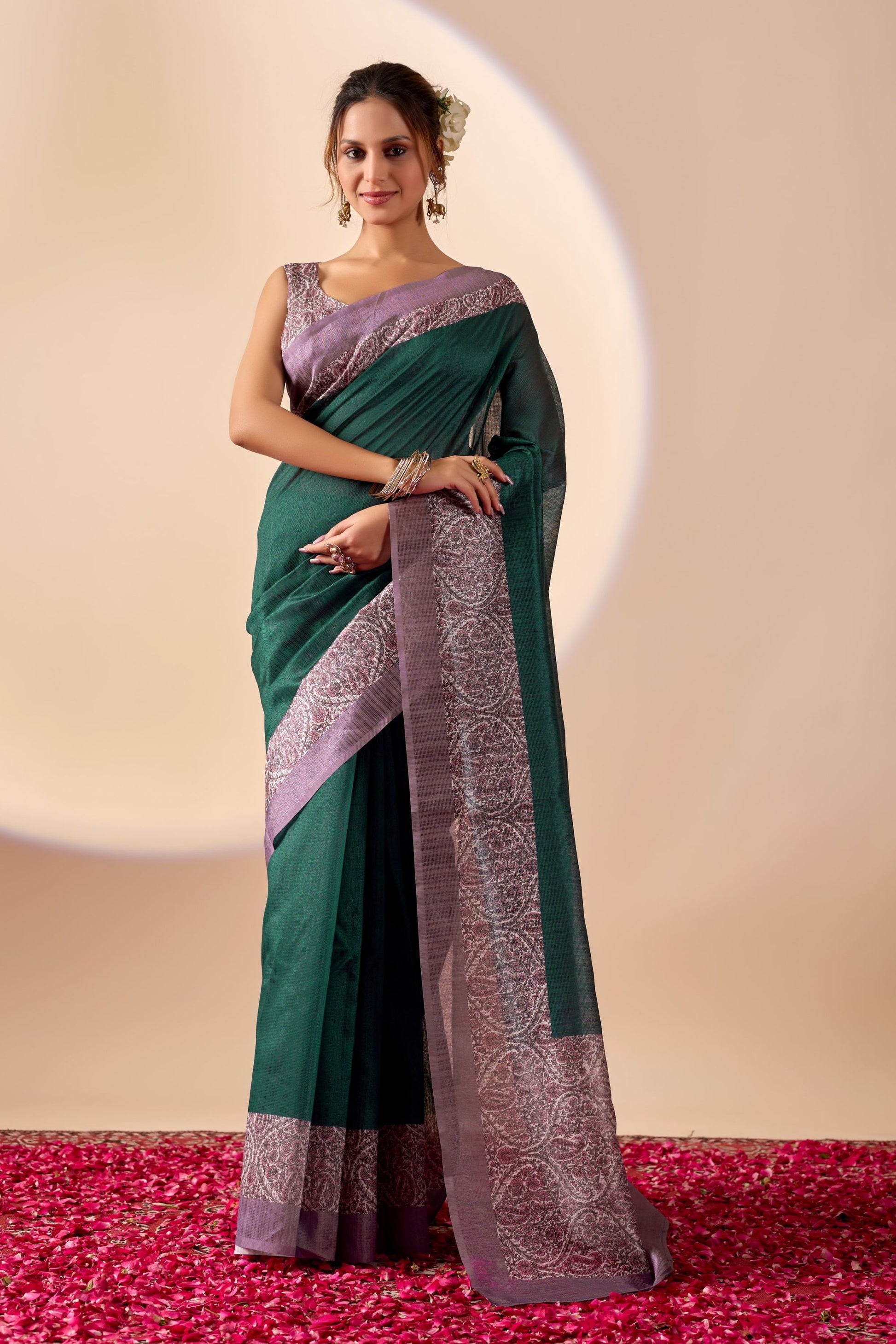 Stylish Bottle Green Jute Silk Saree Designer Printed Work for Women