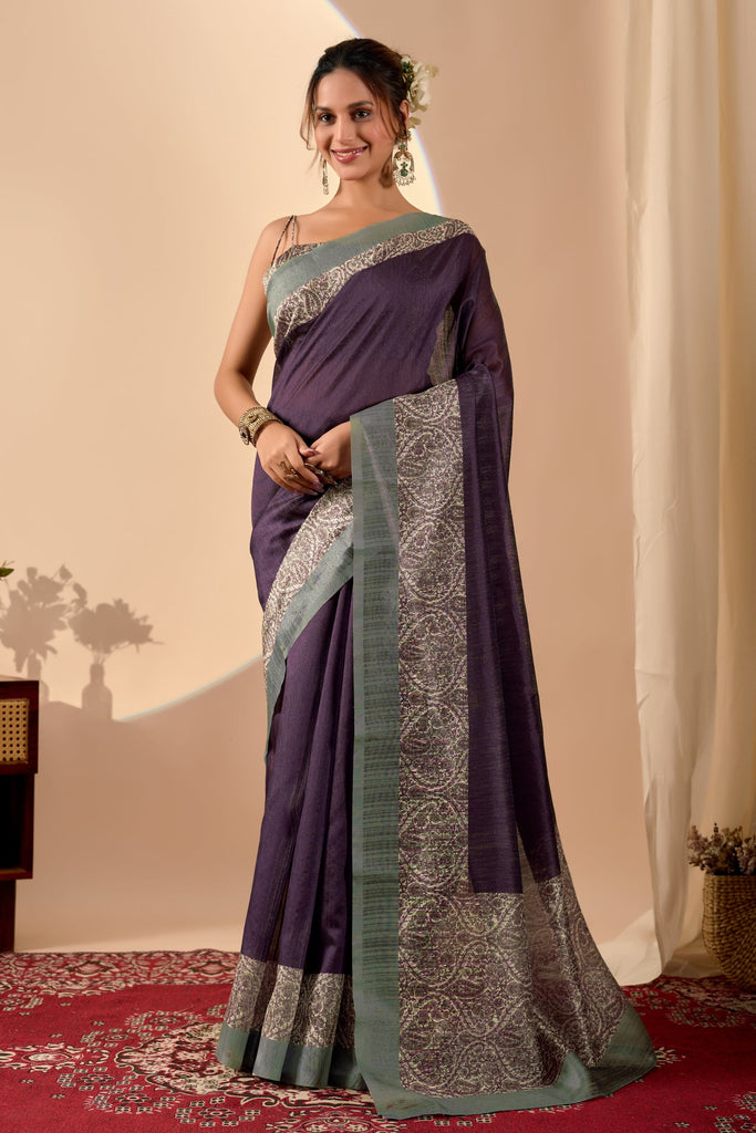 Royal Purple Jute Silk Saree with Designer Printed Work for Women