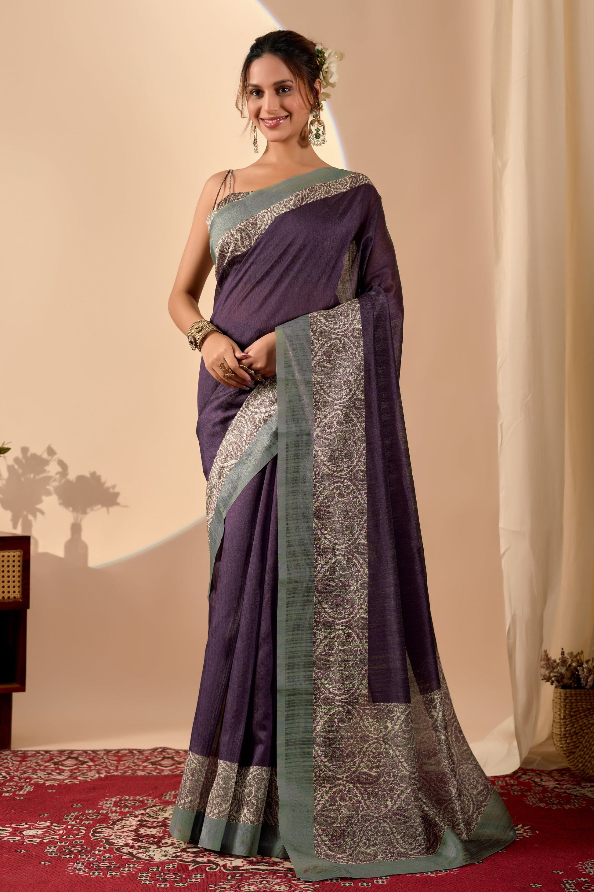 Royal Purple Jute Silk Saree with Designer Printed Work for Women
