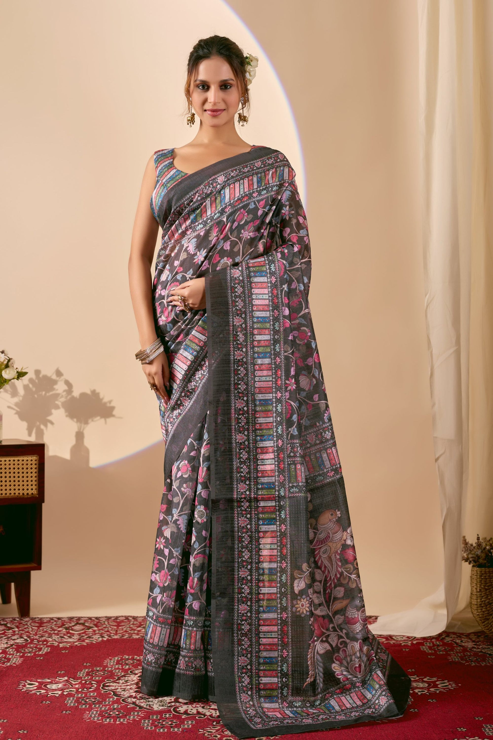 Premium Black Jute Silk Designer Printed Saree for Women