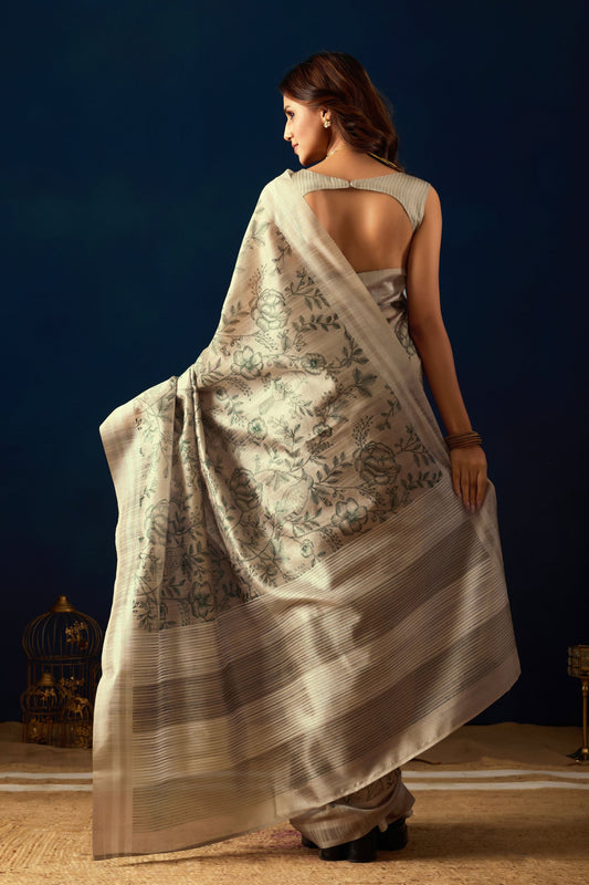 Graceful Beige Jute Silk Saree Designer Printed Work for Women
