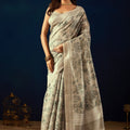 Graceful Beige Jute Silk Saree Designer Printed Work for Women