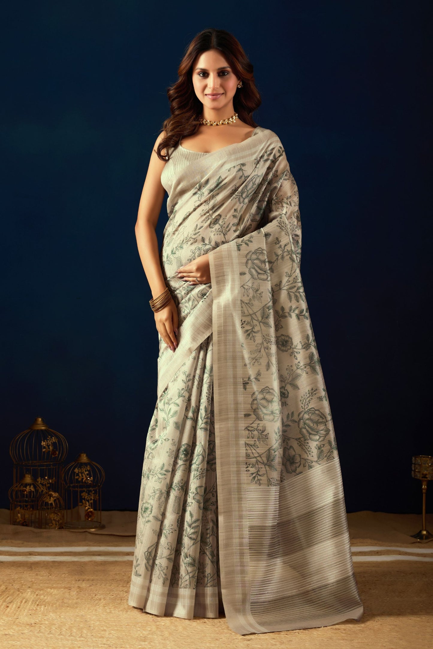 Graceful Beige Jute Silk Saree Designer Printed Work for Women