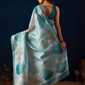 Royal Aqua Blue Jute Silk Saree Designer Printed Work for Women