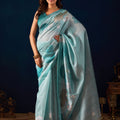 Royal Aqua Blue Jute Silk Saree Designer Printed Work for Women