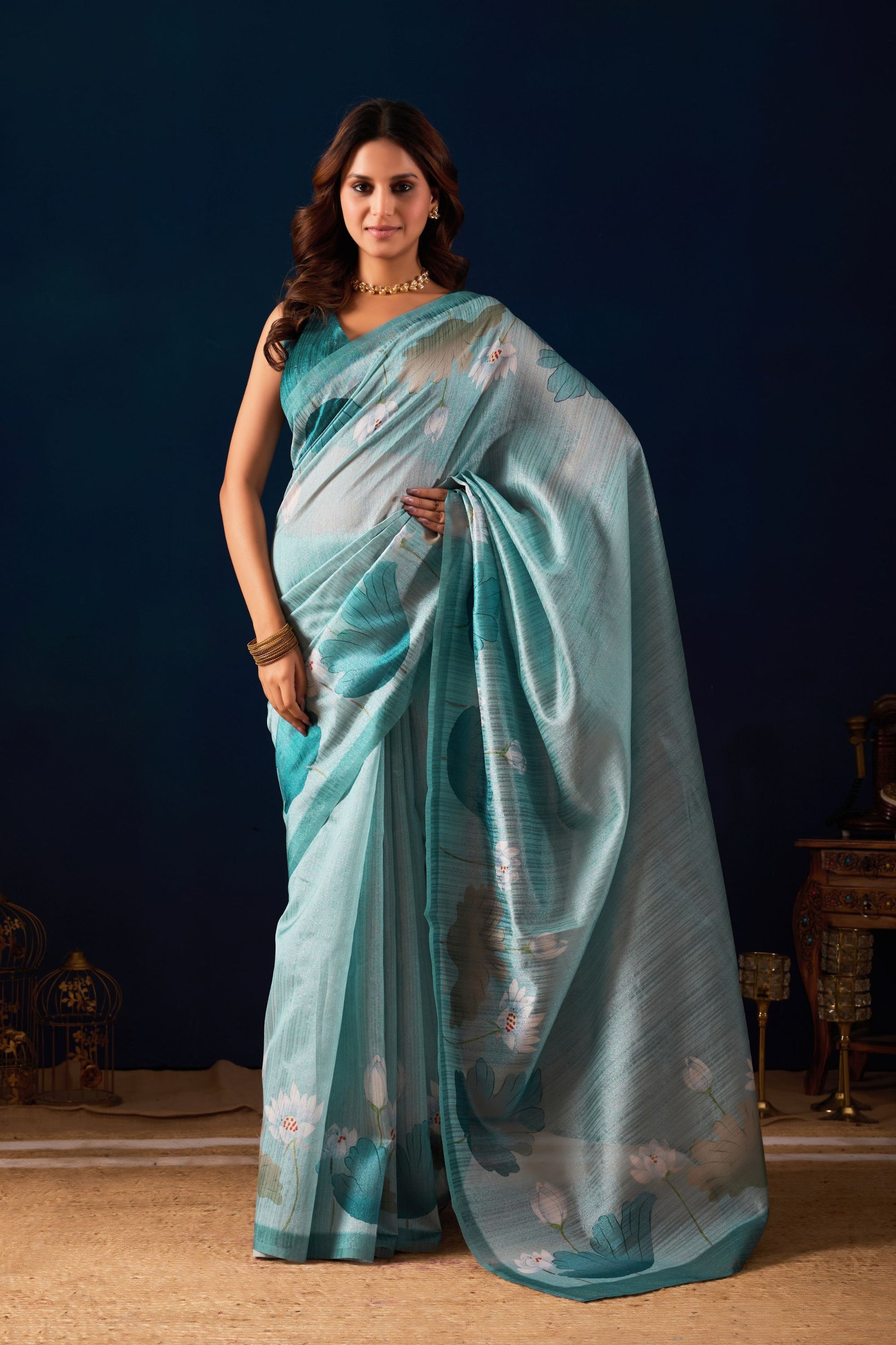 Royal Aqua Blue Jute Silk Saree Designer Printed Work for Women