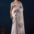 Lovely Grey Jute Silk Saree Designer Printed Work for Women