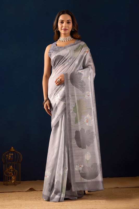 Lovely Grey Jute Silk Saree Designer Printed Work for Women