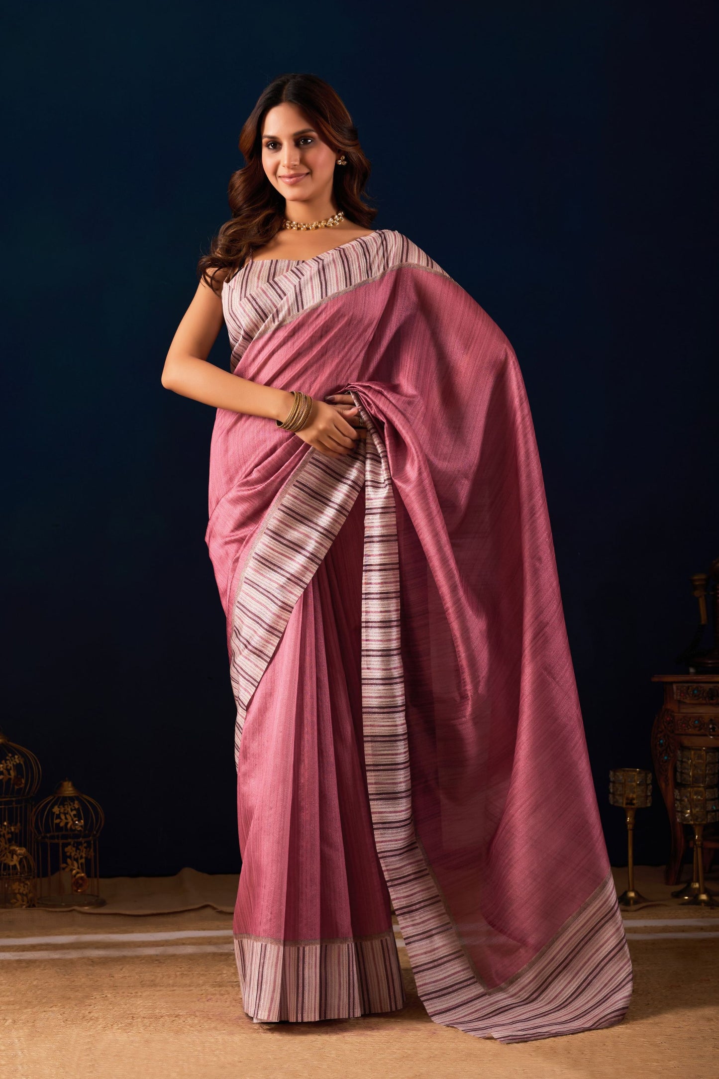 Beautiful Dusty Rose Jute Silk Saree Designer Border for Women