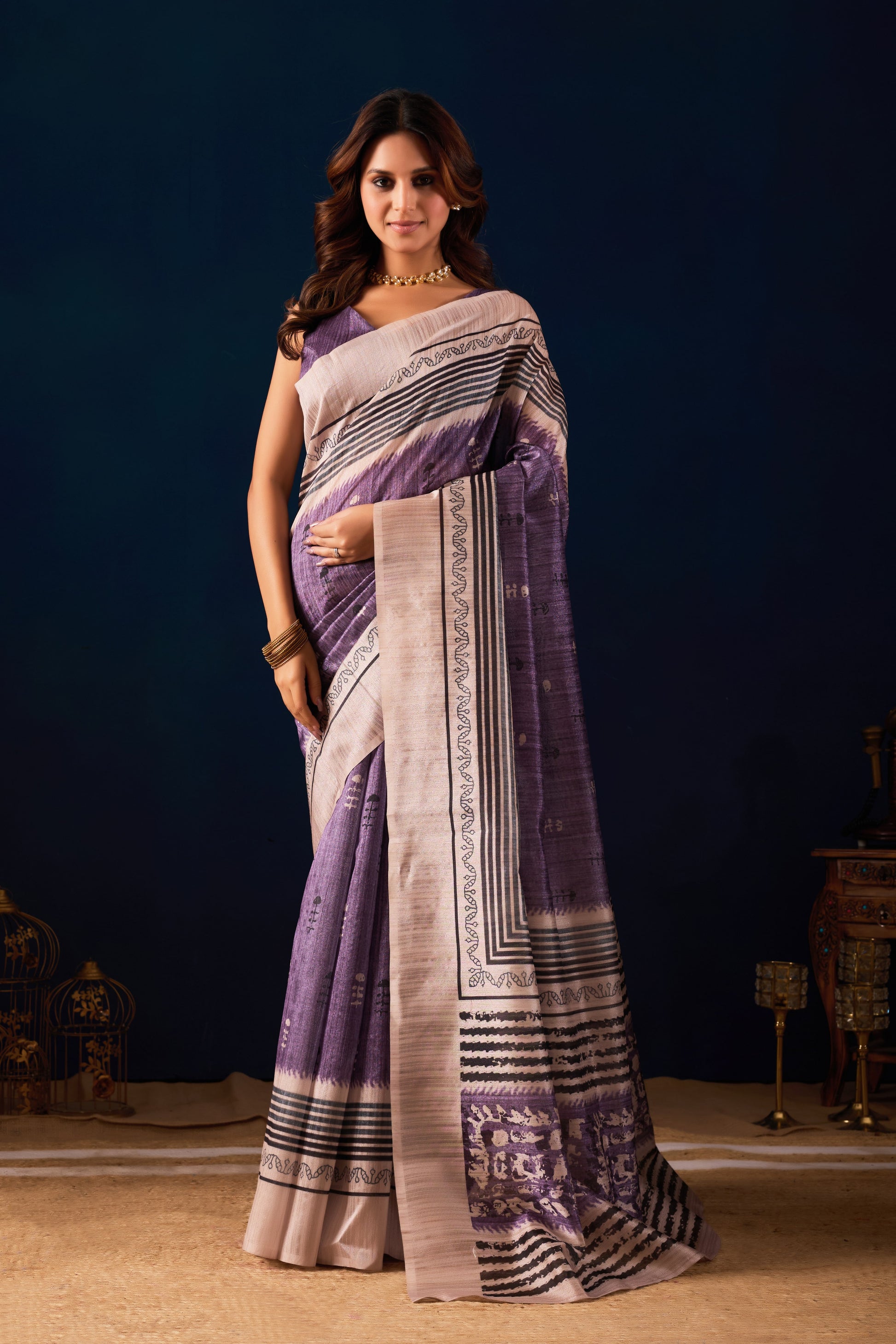 Amazing Purple Jute Silk Saree Designer Printed Work for Women