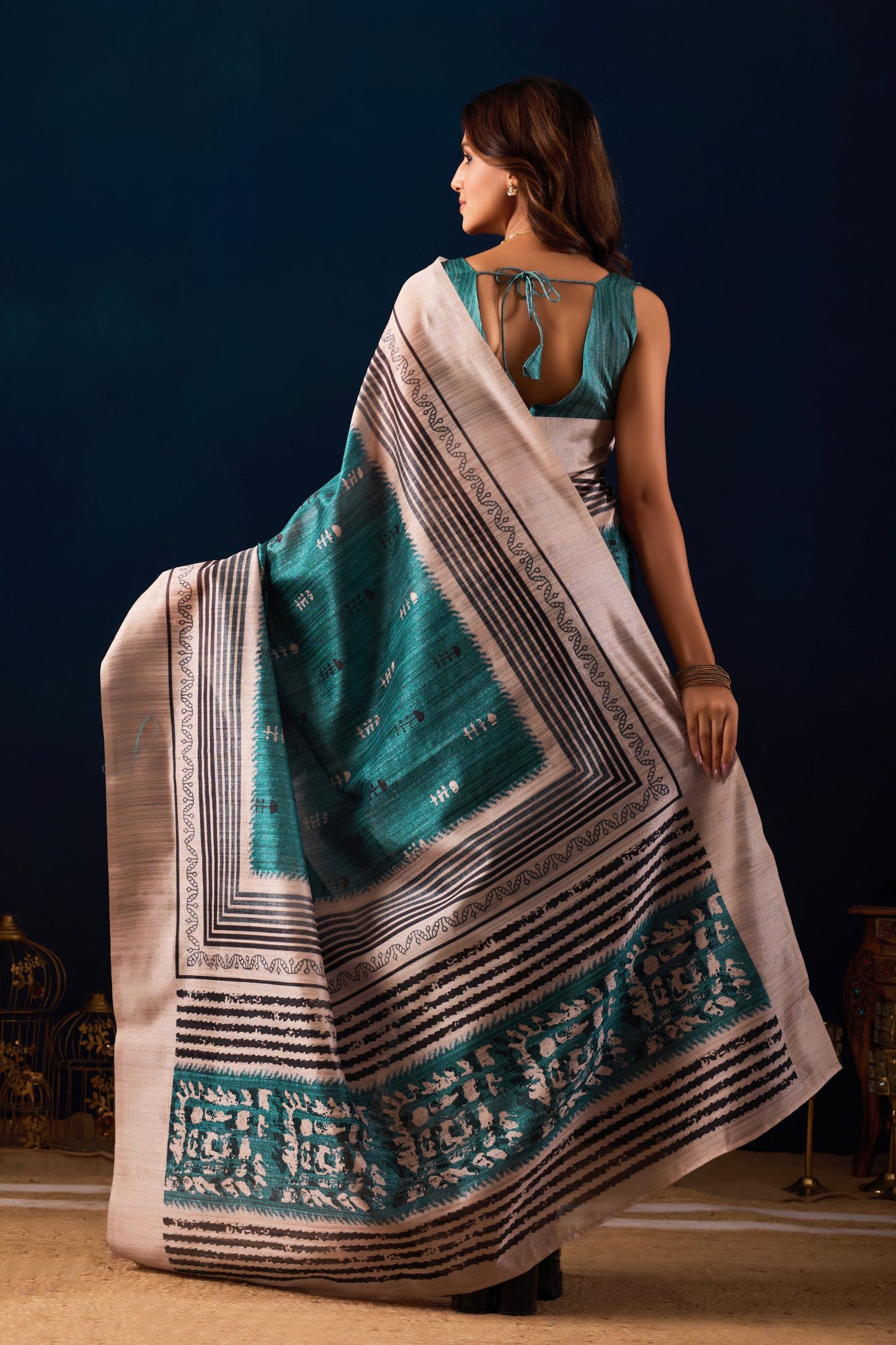 Royal Teal Blue Jute Silk Saree Designer Printed Work for Women