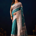 Royal Teal Blue Jute Silk Saree Designer Printed Work for Women