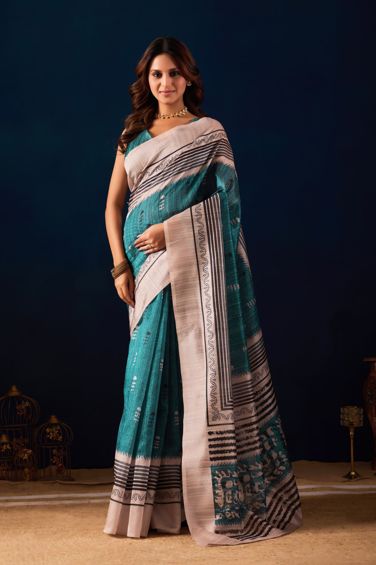 Royal Teal Blue Jute Silk Saree Designer Printed Work for Women