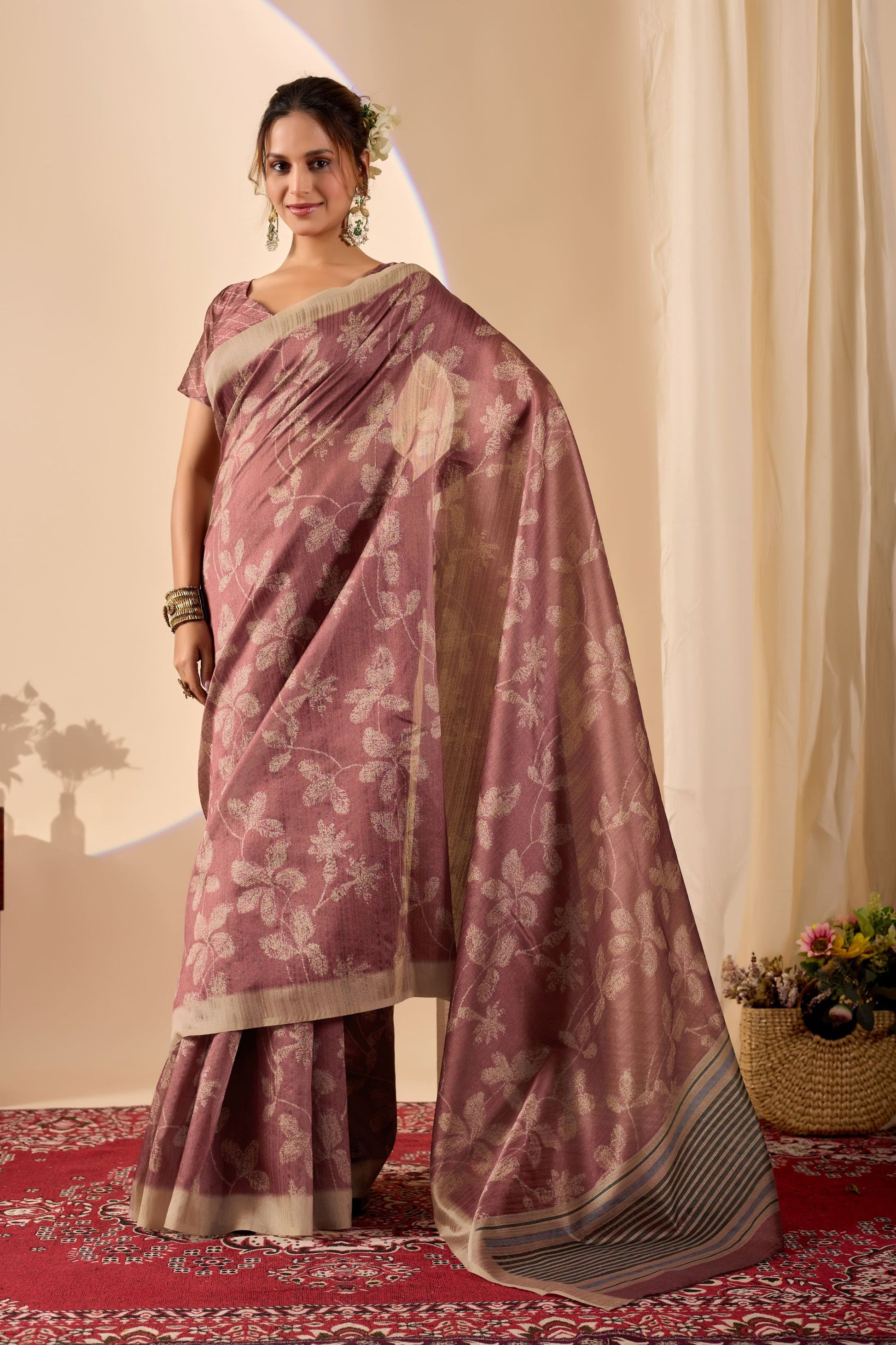 Stylish Dusty Mauve Jute Silk Saree Designer Printed Work for Women