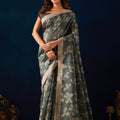 Beautiful Olive Green Jute Silk Saree Designer Printed Work for Women