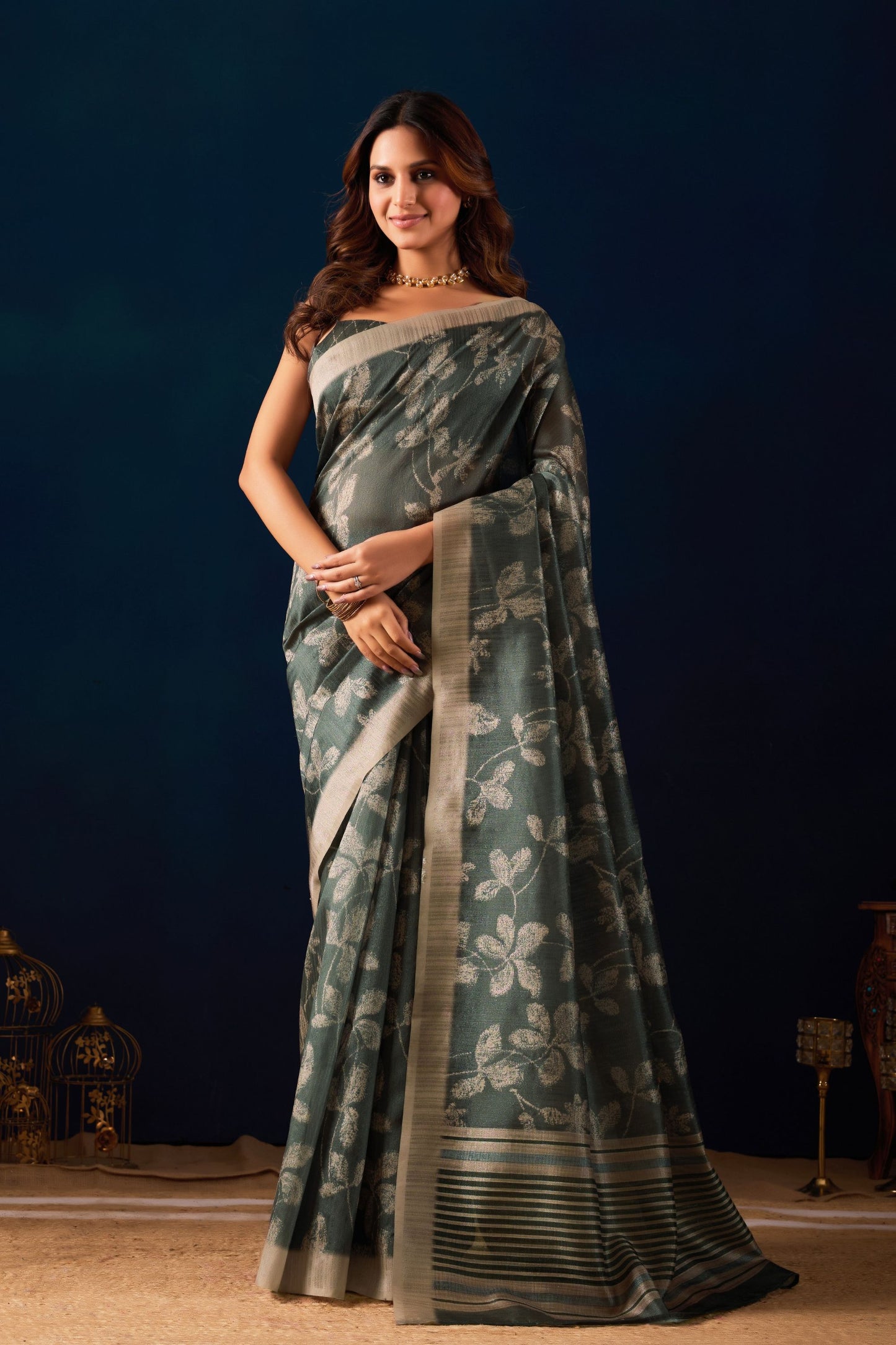 Beautiful Olive Green Jute Silk Saree Designer Printed Work for Women