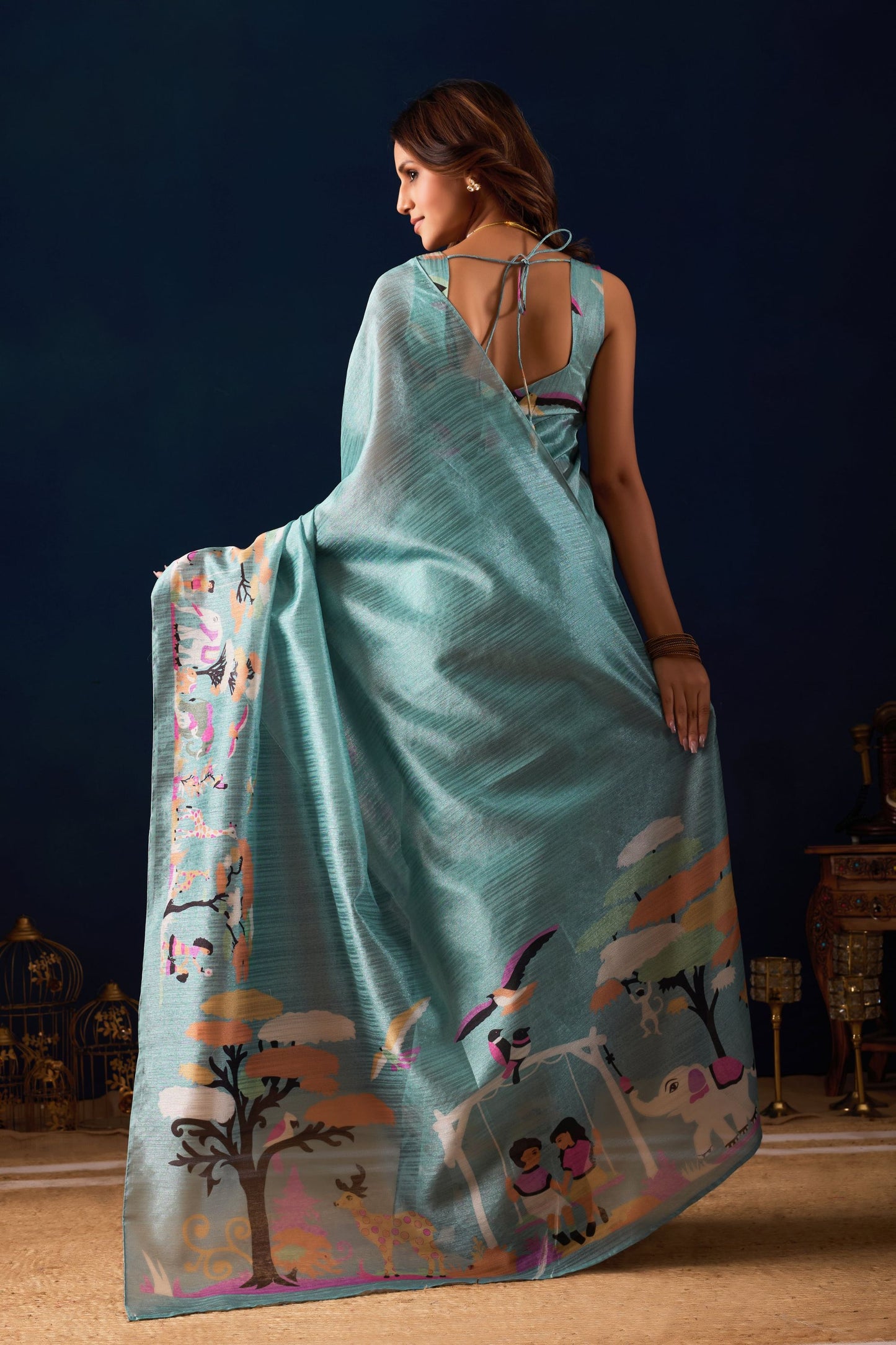 Premium Sky Blue Jute Silk Saree Designer Printed Work for Women
