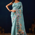 Premium Sky Blue Jute Silk Saree Designer Printed Work for Women