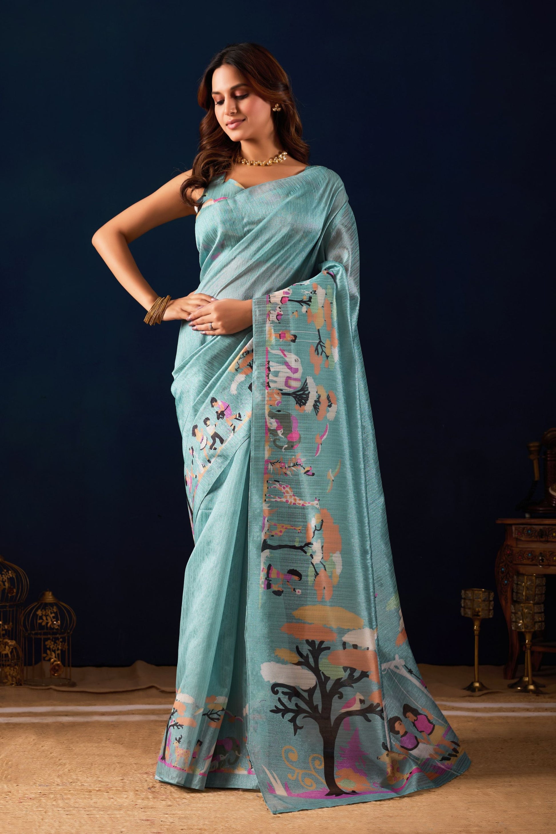 Premium Sky Blue Jute Silk Saree Designer Printed Work for Women