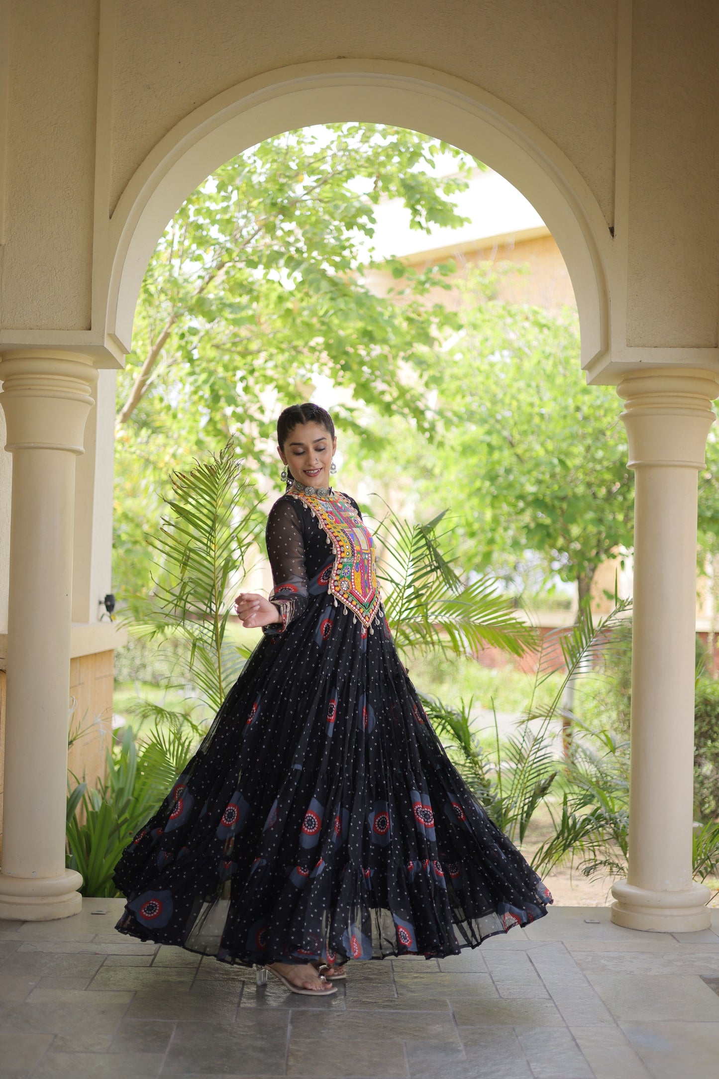 Stunning Black Faux Georgette Designer Gown with Bandhani Printed Flared Skirt