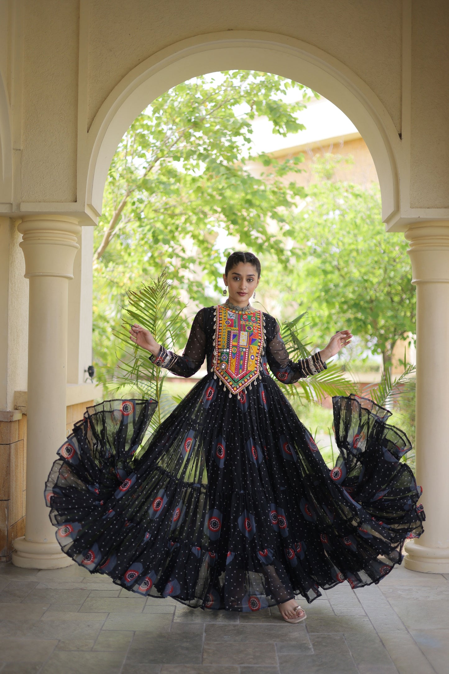 Stunning Black Faux Georgette Designer Gown with Bandhani Printed Flared Skirt