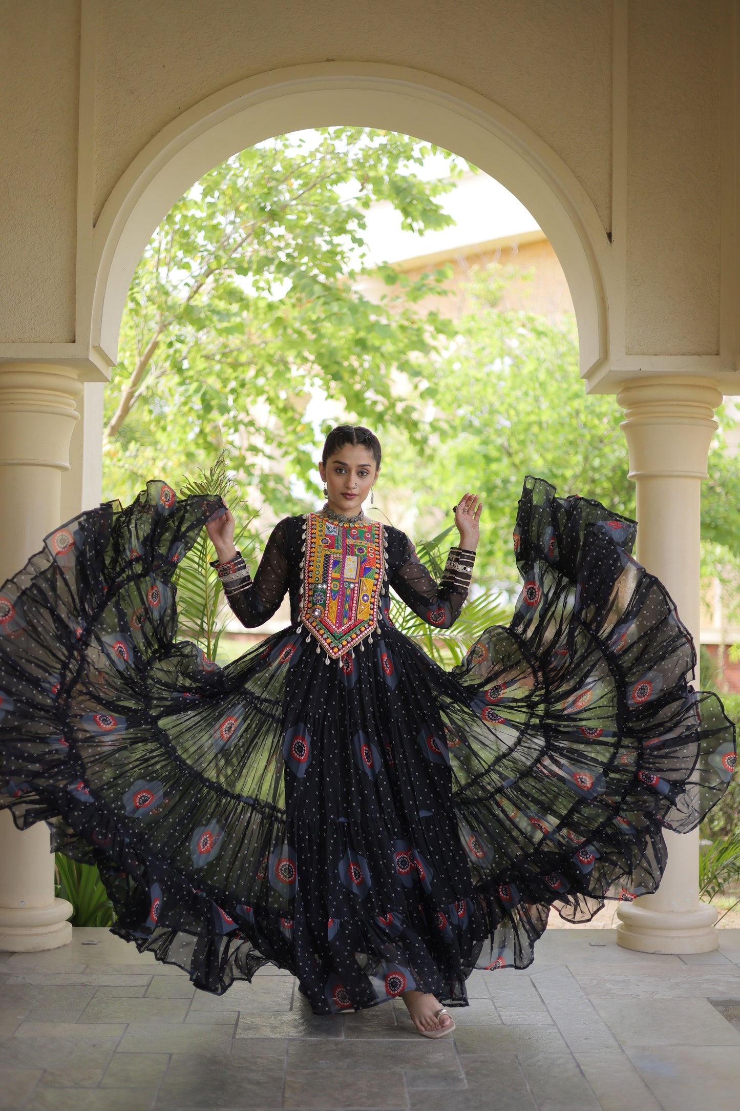 Stunning Black Faux Georgette Designer Gown with Bandhani Printed Flared Skirt