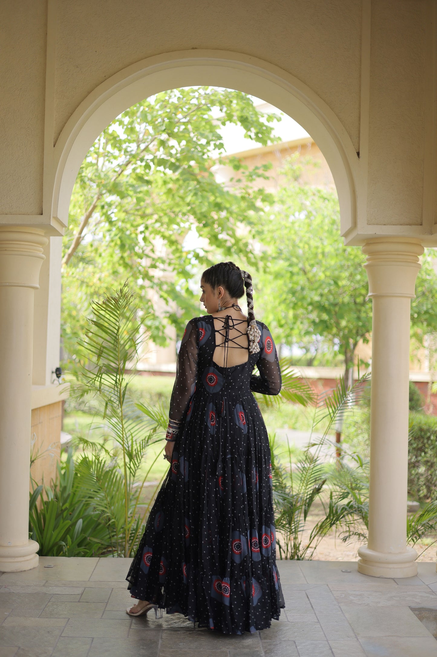 Stunning Black Faux Georgette Designer Gown with Bandhani Printed Flared Skirt