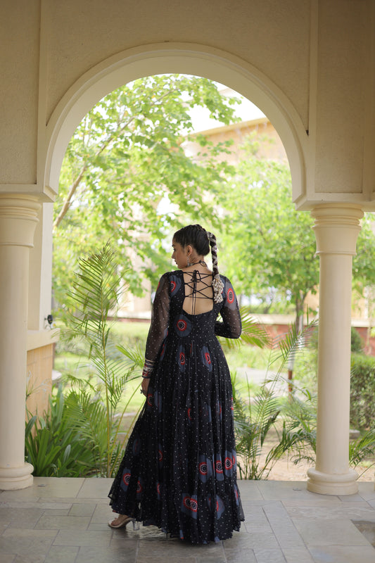 Stunning Black Faux Georgette Designer Gown with Bandhani Printed Flared Skirt