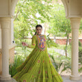 Gorgeous Green Faux Georgette Designer Gown with Bandhani Printed Flared Skirt