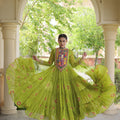 Gorgeous Green Faux Georgette Designer Gown with Bandhani Printed Flared Skirt