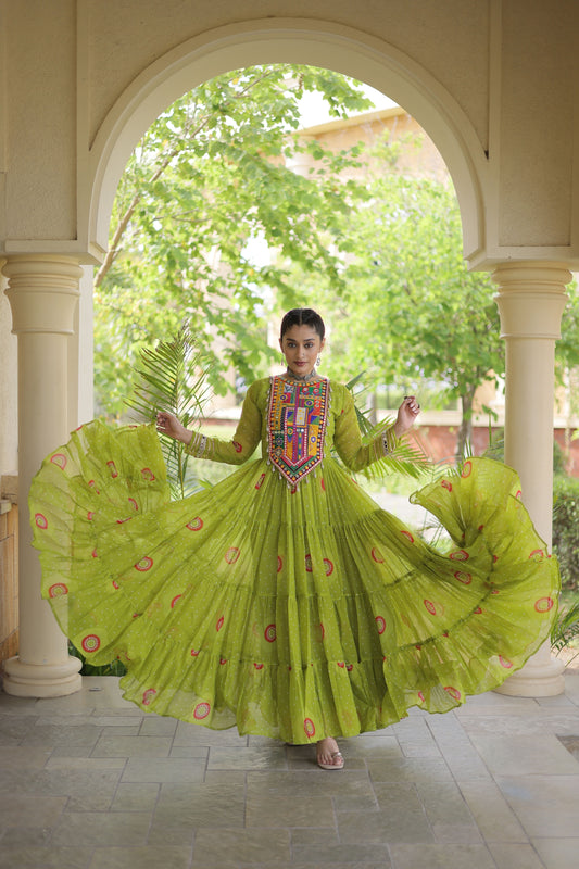 Gorgeous Green Faux Georgette Designer Gown with Bandhani Printed Flared Skirt