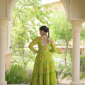 Gorgeous Green Faux Georgette Designer Gown with Bandhani Printed Flared Skirt