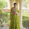 Gorgeous Green Faux Georgette Designer Gown with Bandhani Printed Flared Skirt