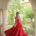 Stylish Red Faux Georgette Designer Gown with Bandhani Printed Flared Skirt