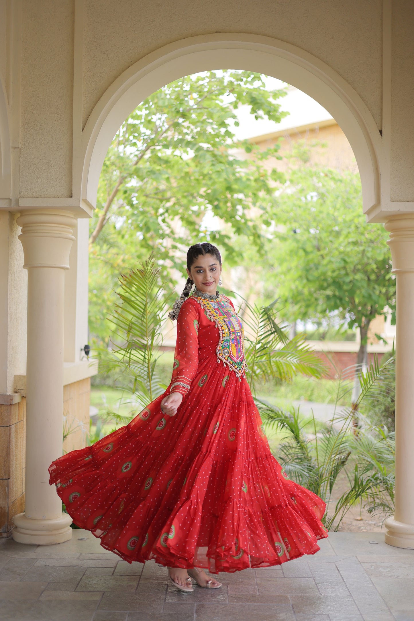 Stylish Red Faux Georgette Designer Gown with Bandhani Printed Flared Skirt