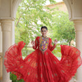 Stylish Red Faux Georgette Designer Gown with Bandhani Printed Flared Skirt