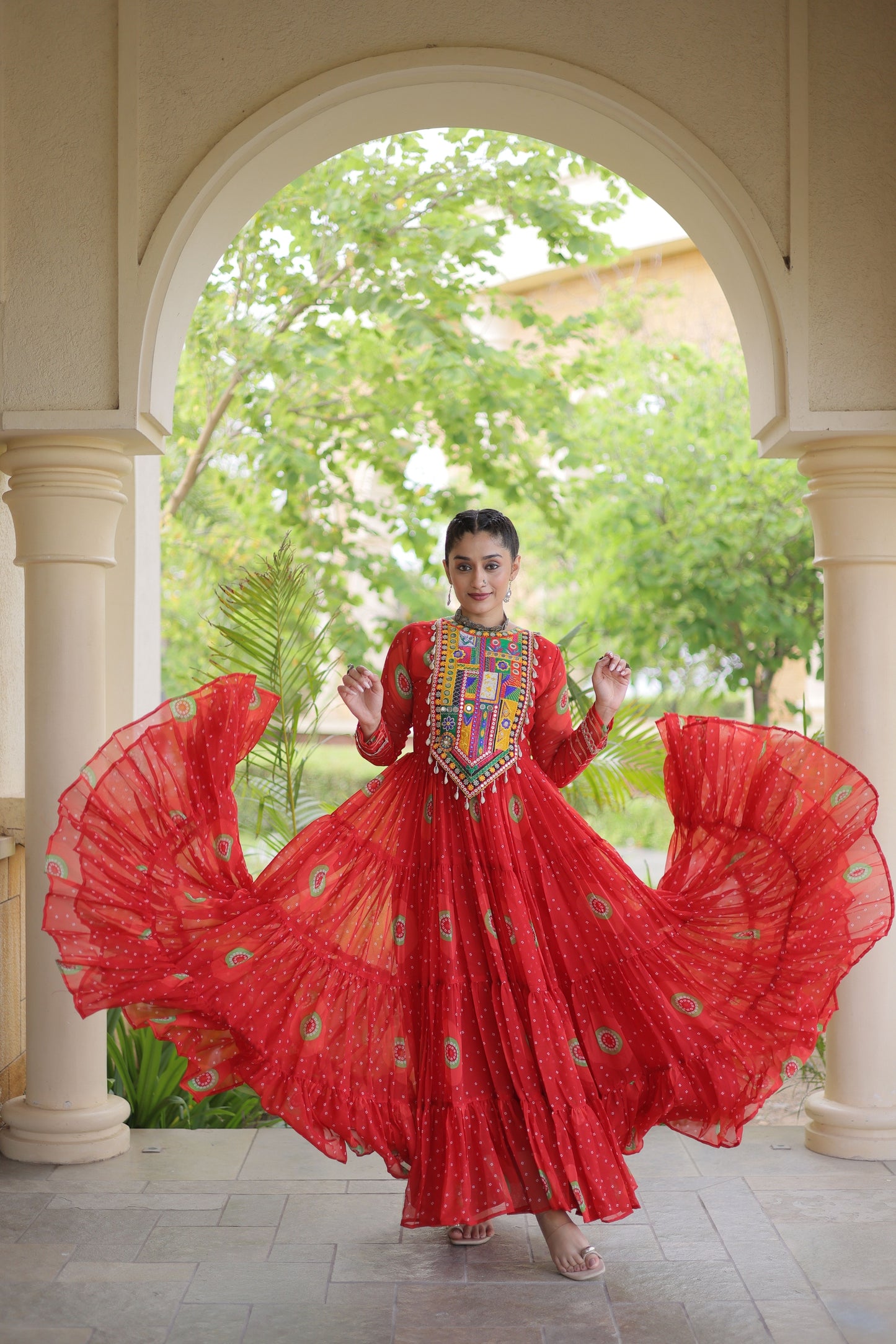 Stylish Red Faux Georgette Designer Gown with Bandhani Printed Flared Skirt