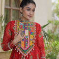 Stylish Red Faux Georgette Designer Gown with Bandhani Printed Flared Skirt