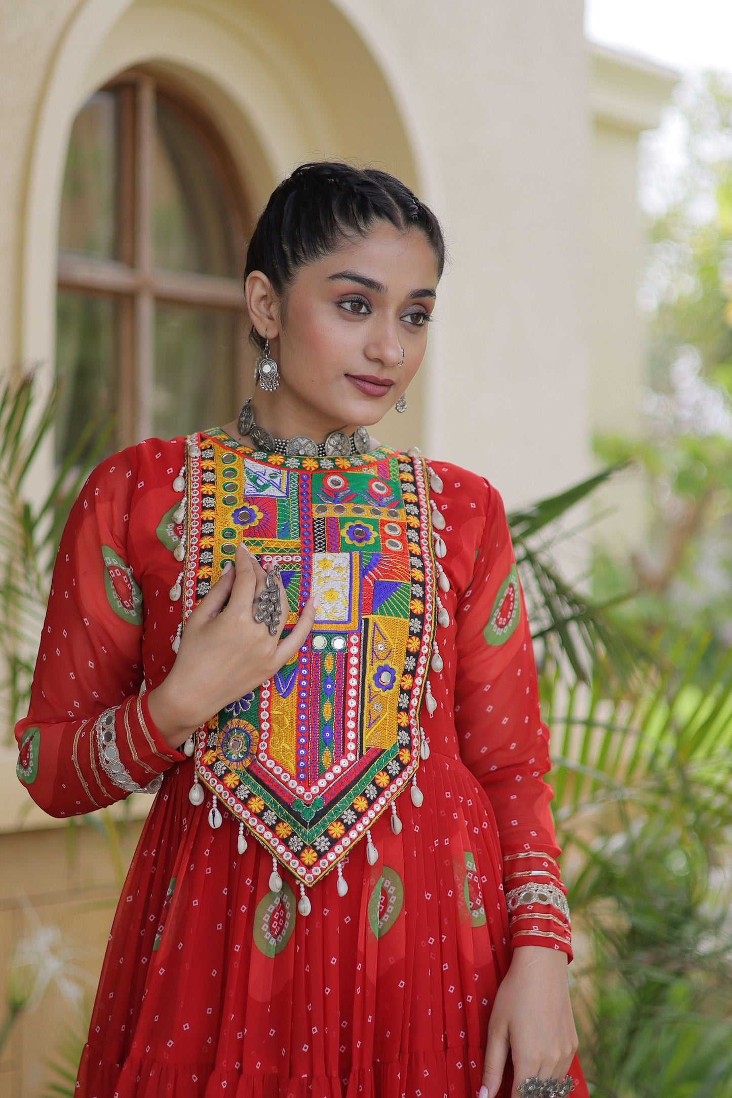 Stylish Red Faux Georgette Designer Gown with Bandhani Printed Flared Skirt