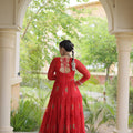 Stylish Red Faux Georgette Designer Gown with Bandhani Printed Flared Skirt