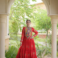 Stylish Red Faux Georgette Designer Gown with Bandhani Printed Flared Skirt